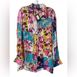 EN/KAY by Navleen Floral Patchwork Button-Up Shirt Rayon Boho Oversized Size LG